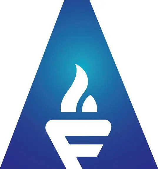 Blue triangle with white torch design.